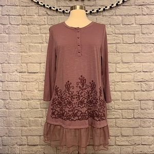 LOGO by Lori Goldstein Embroidered Henley Tunic with Mesh Hem